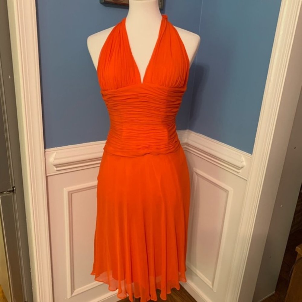 Cache Tangerine Pleated Halter Dress Size 4